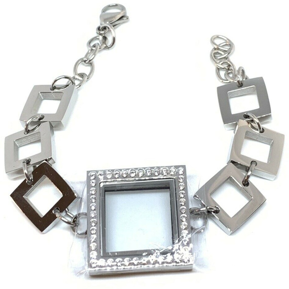 New Silver Rhinestone square link Locket Bracelet - Picture 3 of 8